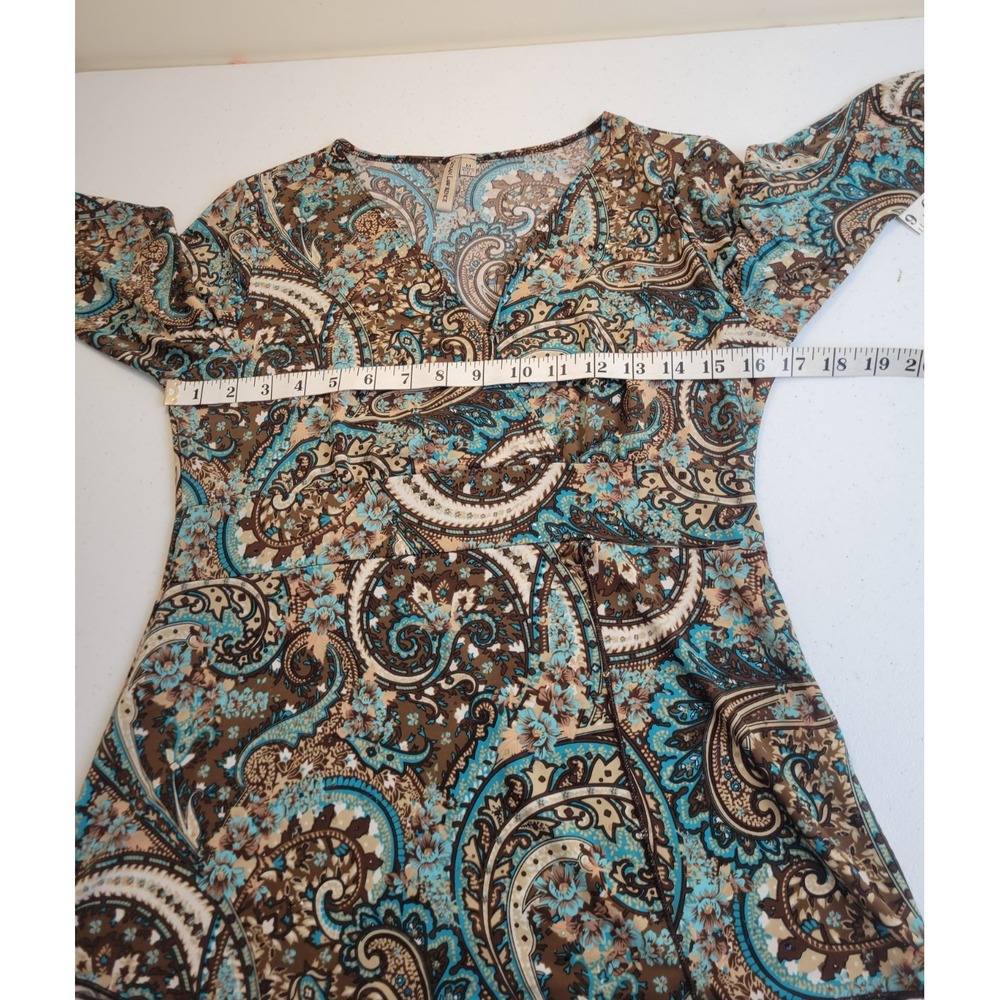 Susan Lawrence Peplum Top Paisley Sequin Faux Wrap Bohemian Career Blue Brown M - Picture 4 of 10
